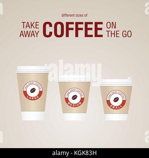 Kaffee auf der go Tassen. verschiedene Größen nehmen Sie Papier Kaffeetassen Vector Illustration. Stock Vektor