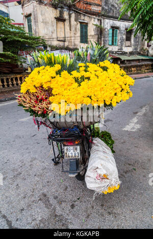 Kleine Motorrad voll mit Blumen im Zentrum von Hanoi, Vietnam geladen. Die Blumen auf den Straßen von Hanoi verkauft groß sein. Stockfoto