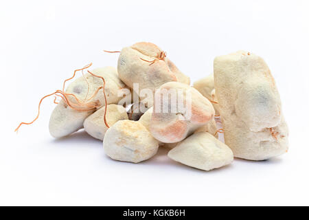 Baobab Obst (Adansonia digitata) auf weißem Hintergrund, Zellstoff und Pulver, superfood Stockfoto