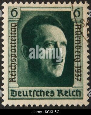 Adolf Hitler, deutscher Politiker, Porträt auf einer deutschen Briefmarke 1937 Stockfoto