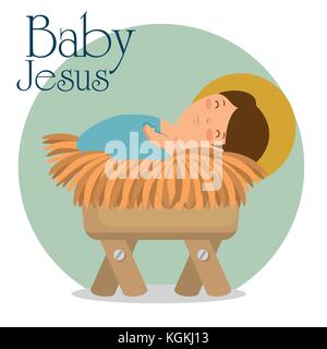 Merry Christmas Baby Jesus in einer Krippe Vector Illustration Grafik Design liegen Stock Vektor