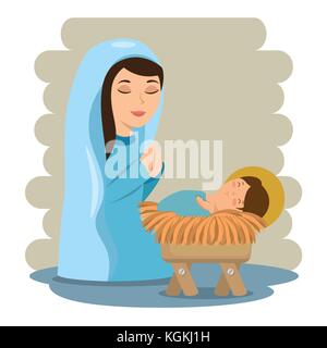 Merry Christmas Baby Jesus in einer Krippe mit Maria Vector Illustration Grafik Design liegen Stock Vektor