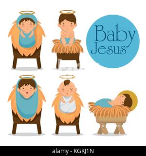 Merry Christmas Baby Jesus in einer Krippe Vector Illustration Grafik Design liegen Stock Vektor