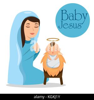 Merry Christmas Baby Jesus in einer Krippe mit Maria Vector Illustration Grafik Design liegen Stock Vektor