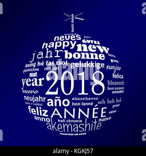 2018 Neues Jahr mehrsprachiger Text word cloud Grußkarte in Form eines White christmas Ball auf blauem Hintergrund Stockfoto