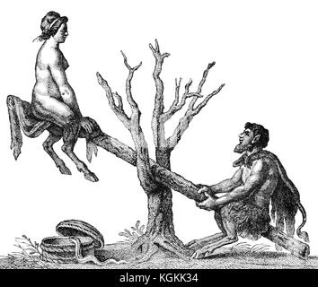 Karikatur von Adam und Eva auf einer Wippe als Teufel Stockfoto