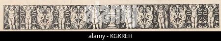 Dekorativer Rahmen aus der russischen Satirienzeitschrift Krasnyi Smekh (Rotes Lachen) mit drei sich wiederholenden Bildern von Engelchen in verschiedenen Positionen, mit zwei Bildern eines Brunnens in der Mitte der Grenze, 1905. Stockfoto