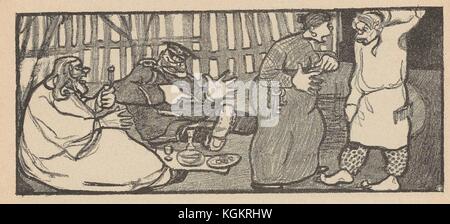 Cartoon aus der russischen Satirezeitschrift Na Rasputi (an der Kreuzung), die eine Frau mit Schlüsseln um die Hüfte hängt, wahrscheinlich eine Wirtin oder Wirtin, die mit einem Bauern spricht, während ein Polizist und eine religiöse Figur auf dem Boden essen, 1906. () Stockfoto
