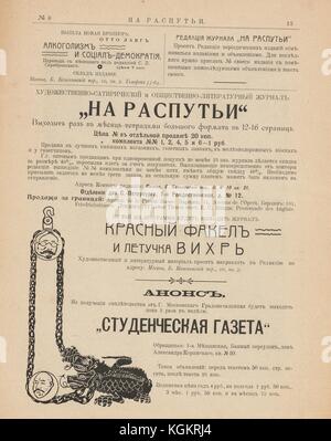 Rückseite der russischen Satirezeitschrift Na Rasputi (an den Kreuzungen), die ein Flaschensystem mit einem Gesicht auf jeder der Riemenscheiben zeigt, wobei die Kette um die Hälse einer zweiköpfigen Kreatur gewickelt ist, 1906. () Stockfoto