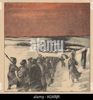 Illustration aus der russischen Satirezeitschrift Ovod (Gadfly), die eine lange Reihe von Menschen zeigt, die in ein Dorf führen, mit Gewehrsoldaten auf beiden Seiten; die Schlangen tragen warme Kleidung und tragen Habseligkeiten, während sie im Schnee warten, 1906. Stockfoto