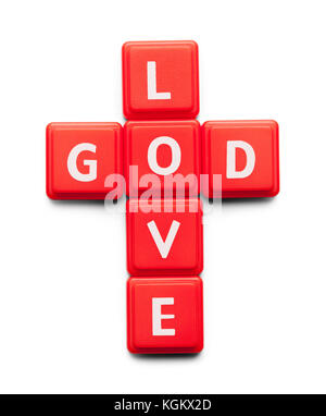 Liebe Gott mit Holz Fliesen auf einem weißen Hintergrund geschrieben. Stockfoto
