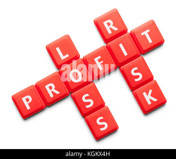 Gewinn Verlust Risiko mit Holz Fliesen auf einem weißen Hintergrund geschrieben. Stockfoto