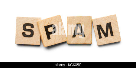 Spam mit Holz Fliesen auf einem weißen Hintergrund geschrieben. Stockfoto