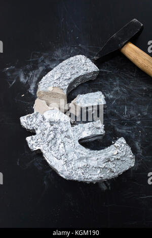 Hohe Betrachtungswinkel von Euro Symbol mit Hammer auf Tisch Stockfoto