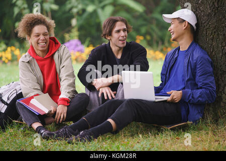 Gerne Freunden entspannende unter Baum auf der Wiese im Park Stockfoto