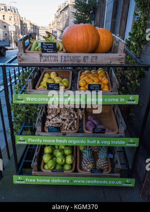 Bio-Obst und -Gemüse im Bio-Supermarkt Real Foods in der Broughton Street in Edinburgh, Schottland, Großbritannien. Stockfoto