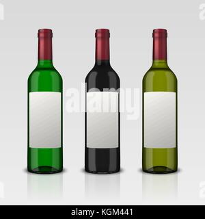 Satz 3 realistische Vektor Flaschen Wein mit leeren Etiketten auf weißem Hintergrund. design Vorlage in der Eps 10. Stock Vektor