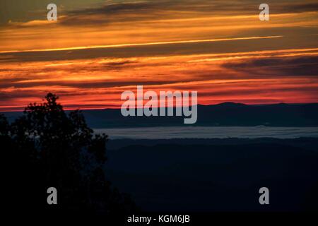 Bunte Herbst Sonnenaufgang in den Blue Ridge Mountains von North Carolina. Morgen Nebel im Tal. Stockfoto