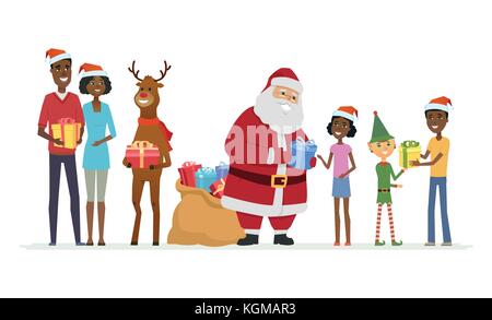 Santa mit compaions gratulieren afrikanischen Familie - Comicfiguren isoliert Abbildung Stock Vektor