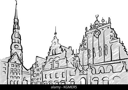 Riga, Lettland berühmten Reisen Skizze. Lineart Zeichnung von Hand. Grußkarte Design, Vektor, Abbildung Stock Vektor