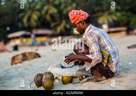 Eine Kokosnuss Verkäufer seine Kokosnüsse am Strand von Gokarna, Indien. Stockfoto