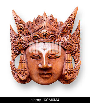 Holz- Maske der isoliert auf Weiss mit Freistellungspfad Stockfoto