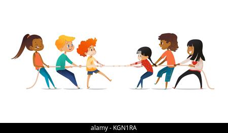 Aufgeregt, Jungen und Mädchen Seil ziehen. Tauziehen Wettbewerb zwischen zwei Kinder Mannschaften. Konzept der sportliche Aktivität für Kinder. Lustige Comicfiguren auf weißem Hintergrund. Vector Illustration. Stock Vektor