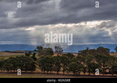 Australische Landschaft Landschaft. Sonnenstrahlen über Gewitterwolken Stockfoto