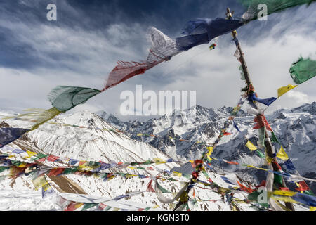 Gebetsfahnen auf dem Gipfel des kyanjin Ri Stockfoto