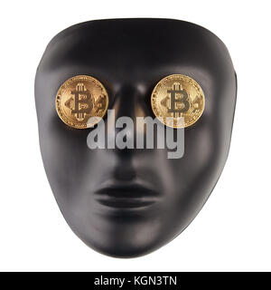 Schwarze Maske mit goldenen Bitcoins auf Augen isoliert auf Weiss. Anonymität und cryptocurrency Konzept Stockfoto