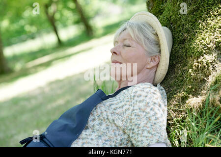 Ältere Frau entspannen im Garten durch Baum Stockfoto