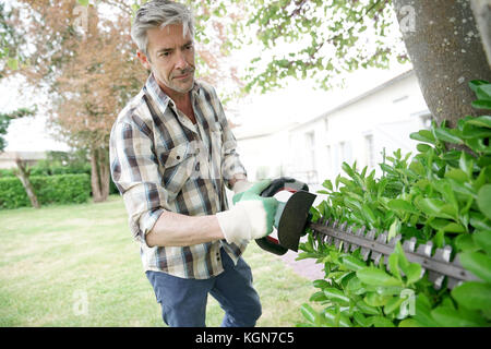 Reifer Mann im Garten Hecken Stockfoto