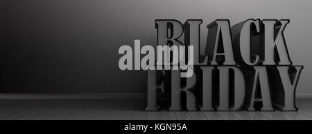 Schwarzer Freitag Konzept. schwarzer freitag Text auf schwarzem Hintergrund. 3D-Darstellung Stockfoto