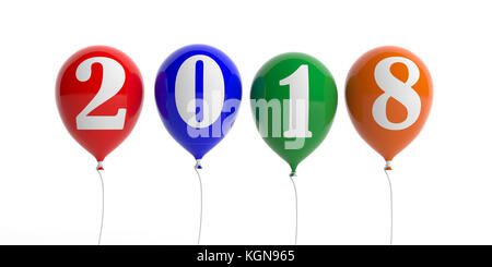 Neues Jahr 2018 auf bunten Ballons auf weißem Hintergrund. 3D-Darstellung Stockfoto