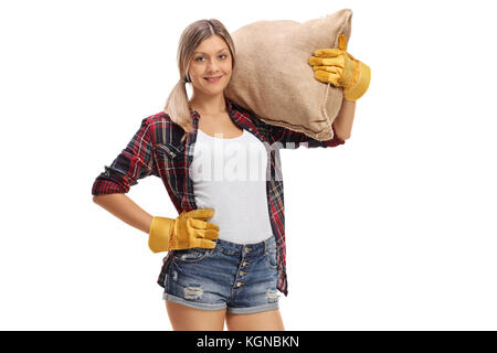 Frau Bauer Holding eine sackleinen Sack auf weißem Hintergrund Stockfoto