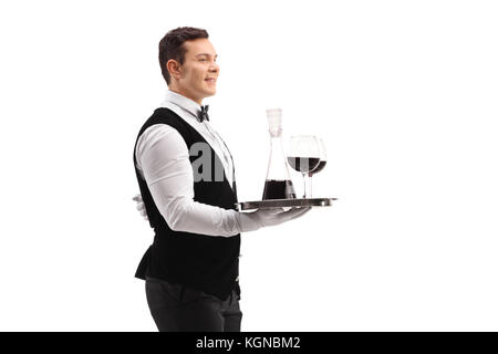 Kellner mit einem Tablett mit Wein und zwei Gläser auf weißem Hintergrund Stockfoto