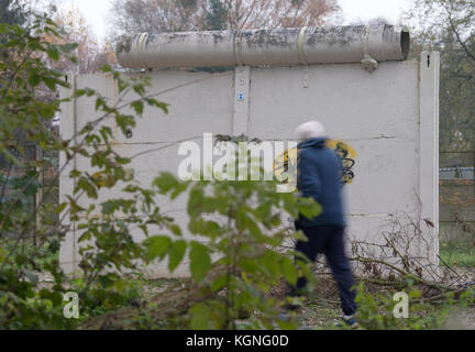 Groß Glienicke, Deutschland. November 2017. Ein Fußgänger passiert ein ursprüngliches Stück der Berliner Mauer in einer ehemaligen Boder-Zone. Am Abend des 9. November 1989 kündigte der ehemalige SED-Politbüro Günter Schabowski fast nebenbei an, dass eine Reise in den Westen ab diesem Zeitpunkt möglich sei. Später in der Nacht fiel die Mauer. Neueste wissenschaftliche Erkenntnisse zeigen, dass allein in Berlin mehr als 140 Bürger in Händen der DDR-Grenzkontrolle getötet wurden. Quelle: dpa Picture Alliance/Alamy Live News Stockfoto