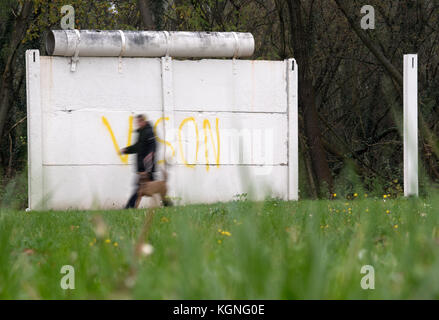 Groß Glienicke, Deutschland. November 2017. Ein Fußgänger passiert ein ursprüngliches Stück der Berliner Mauer in einer ehemaligen Boder-Zone. Am Abend des 9. November 1989 kündigte der ehemalige SED-Politbüro Günter Schabowski fast nebenbei an, dass eine Reise in den Westen ab diesem Zeitpunkt möglich sei. Später in der Nacht fiel die Mauer. Neueste wissenschaftliche Erkenntnisse zeigen, dass allein in Berlin mehr als 140 Bürger in Händen der DDR-Grenzkontrolle getötet wurden. Quelle: dpa Picture Alliance/Alamy Live News Stockfoto