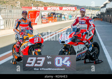 Valencia, Spanien. 09 Nov, 2017 Marc Marquez und Andrea Dovizioso Pose vor dem letzten Rennen der Meisterschaft von motogp, im Gran Premio motul de la Comunitat Valenciana, Stromkreis der Ricardo Tormo, Valencia, Spanien. Donnerstag, 9. November 2017. Credit: gtres información más comuniación auf Linie, s l/alamy leben Nachrichten Stockfoto