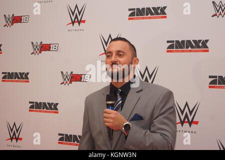 Hamburg, Deutschland. November 2017. Der TV-Moderator Sebastian Hacker und Stefan Kastenmüller, Senior Vice President & General Manager Europe, Africa and Developing Markets, auf dem Red Carpet Event während der WWE Live Tour 2017 © Björn Deutschmann/Alamy Live News Stockfoto