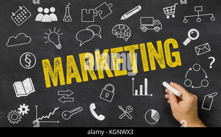 Marketing auf einer Tafel mit Symbolen geschrieben Stockfoto