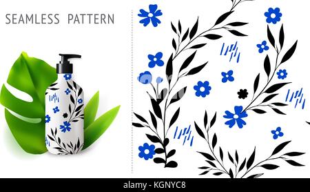 Sommer nahtlose Muster, auf mockup Installation mit Flasche demonstriert. Kann für Stickerei, Druck- oder Siebdruck auf Stoff werden. Eps 10. Stock Vektor