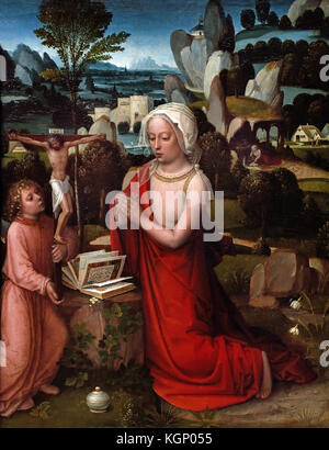 Die magdalen in einer Landschaft Albert Cornelis aktiv 1512, gestorben 1531, Brügge, Belgien, Belgien, Flämische, (Maria Magdalena ist im Gebet vor einem Buch und einem Kruzifix, welches durch einen Engel gehalten wird; die jar-Datei, in der sich die Salbe mit der sie Christus gesalbt wird, im Vordergrund. ) Stockfoto