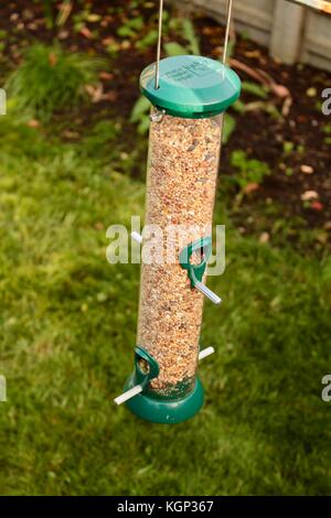 Grüne rspb große grüne Bird Feeder voller Samen im Garten Stockfoto