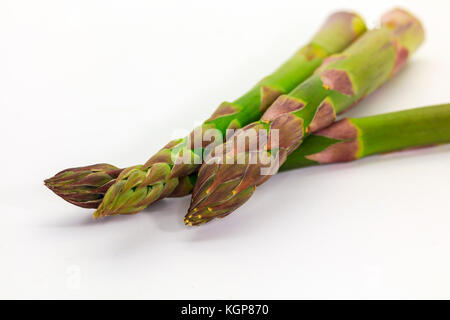 Frische grüne Spargelspitzen auf weißem Hintergrund. Stockfoto