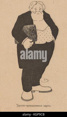 Illustration aus der russischen Satirezeitschrift Ovod (Gadfly) eines älteren Mannes, der einen Frack und Kleider trägt und eine Tasche trägt, mit dem Text „kommerzielle und industrielle Partei“, der sich auf eine kurzlebige konservative Partei bezieht, die von 1905 bis 1906, 1906 bestand. () Stockfoto