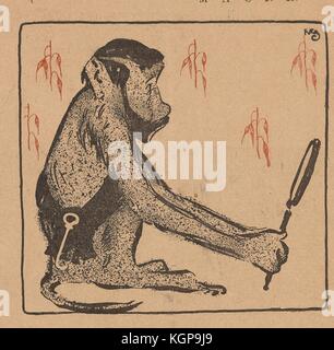 Illustration aus der russischen Satirezeitschrift Maski (Masken), die einen Affen mit menschlichem Kopf zeigt, der eine Schärpe mit Haken trägt, während er sich überraschend in einem Spiegel betrachtet, 1906. () Stockfoto