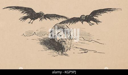 Illustration aus der russischen satirischen Zeitschrift Ovod (Gadfly), die Vögel zeigt, die auf den abgetrennten Kopf eines bärtigen Mannes mit offenem Schnabel fliegen, 1906. () Stockfoto