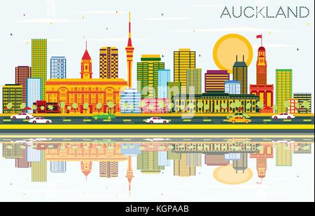 Auckland Skyline mit Farbe Gebäude, blauer Himmel und Reflexionen. Vector Illustration. Business Travel und Tourismus Konzept mit modernen Gebäuden. Bild Stock Vektor