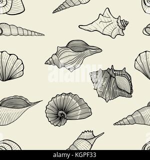 Nahtlose Muster Hintergrund von Seashells. Vector Illustration Stock Vektor